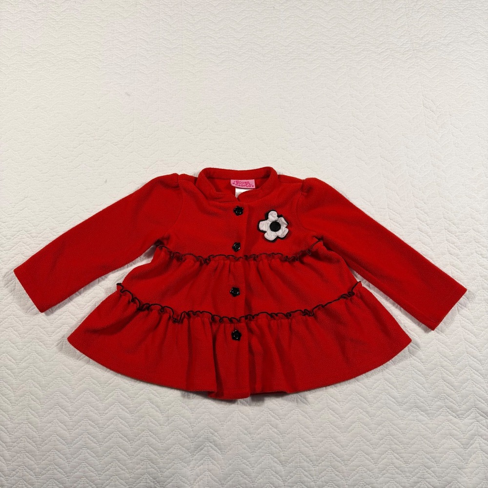 Young Hearts Red Fleece Ruffle Flower Button Up Jacket Girls Size 3T‎